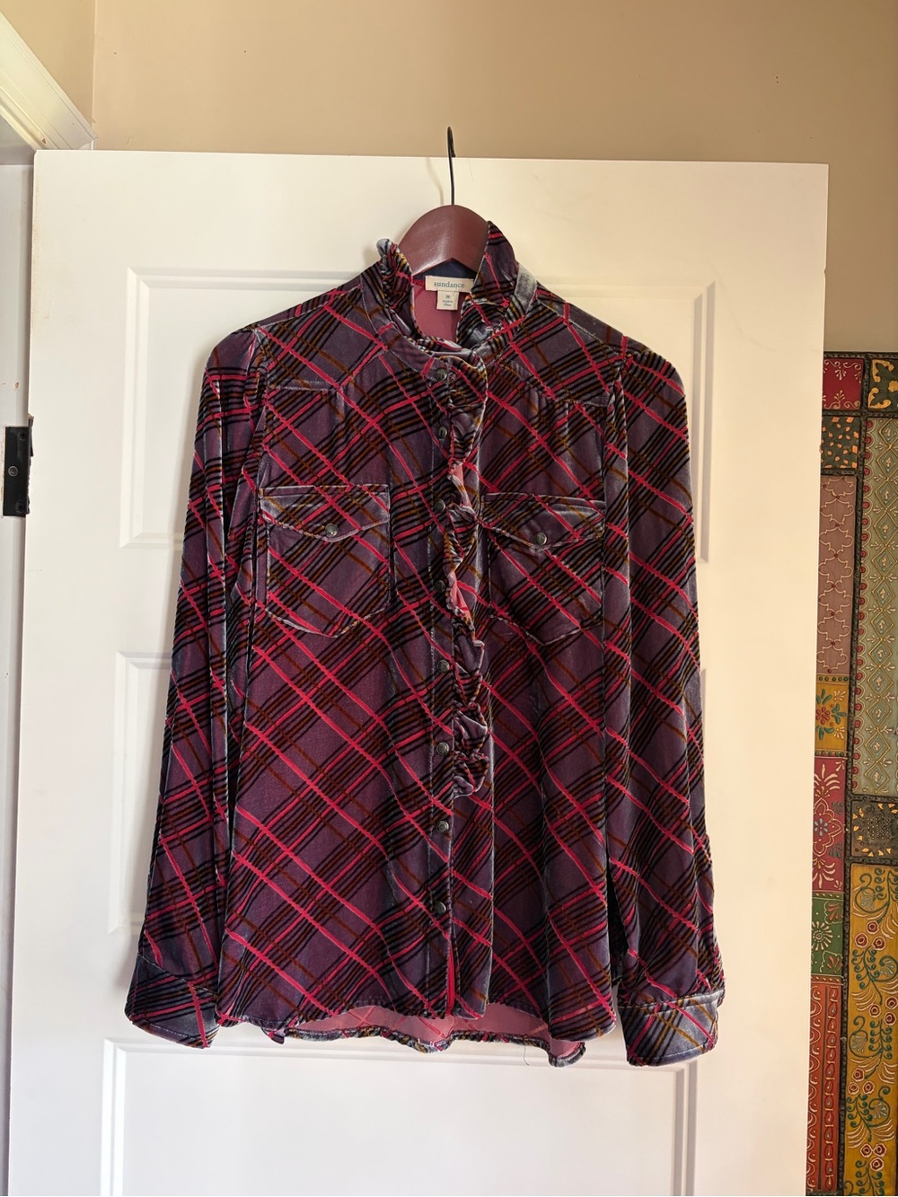 Sundance Women's Plaid Velvet Ruffle-Front Shirt - Burgundy/Purple